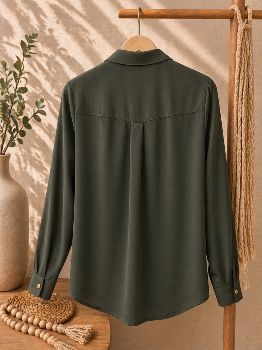 Express Olive Utility Button-Down Shirt with Gold Buttons - Picture 2 of 7